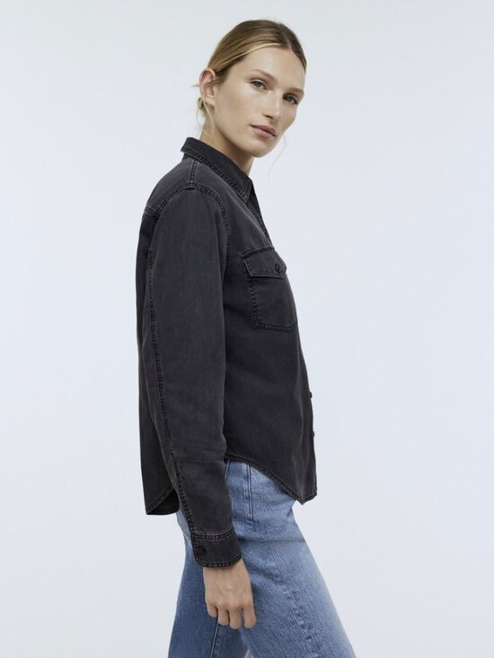 Medium Dark Gray Denim Shirt Button Up Cuff Collared Western Cowgirl Distressed - Picture 2 of 12